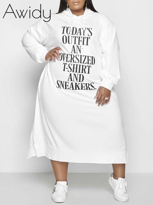 Plus Size Slogan Side-Slit Hoodie Dress