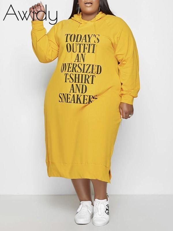 Plus Size Slogan Side-Slit Hoodie Dress