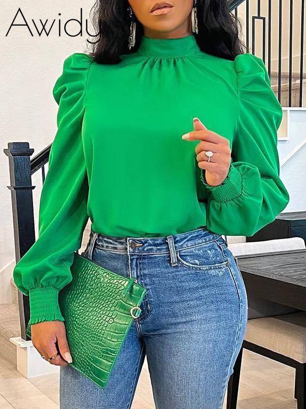 Tied-Back Puff-Sleeve Top Green