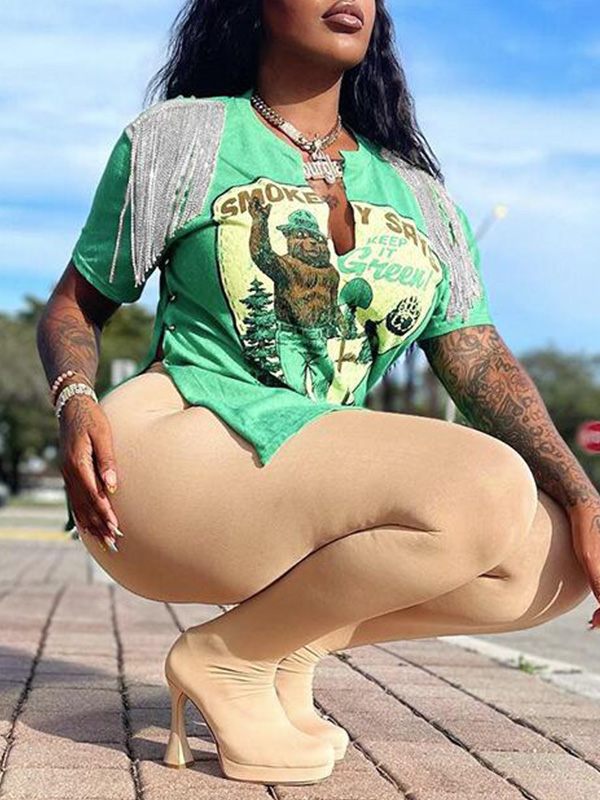 T-shirt fendu imprimé à franges