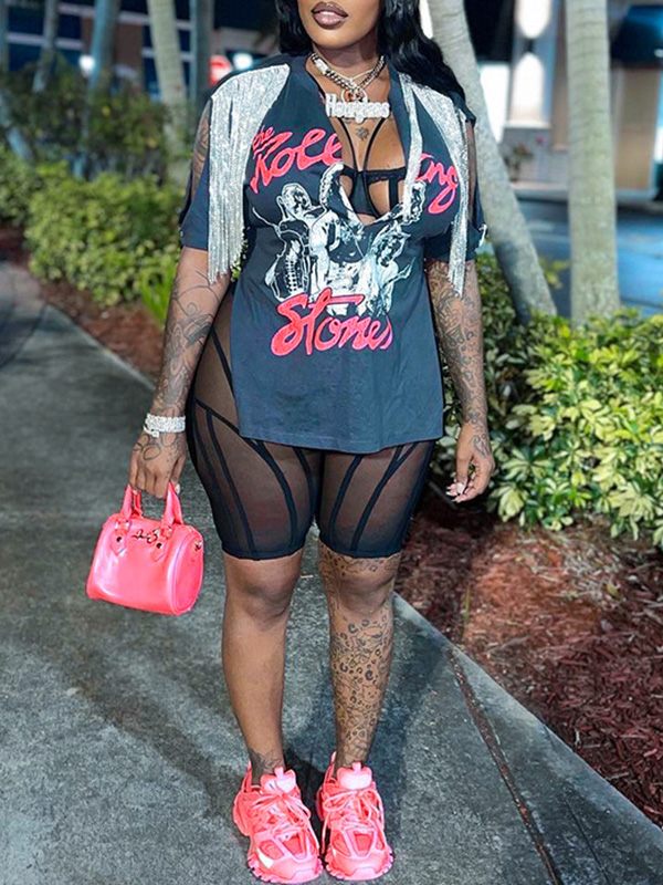 T-shirt fendu imprimé à franges