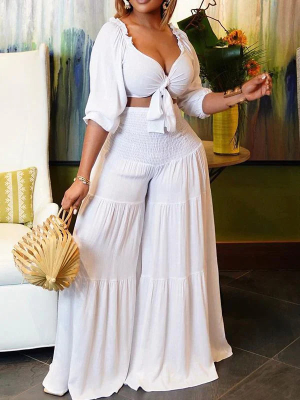 Set aus Crop-Top mit Bindeband und Hose mit weitem Bein
