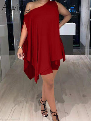 Solid Asymmetric Top & Biker Shorts Set Burgundy