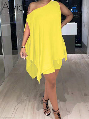 Solid Asymmetric Top & Biker Shorts Set Yellow