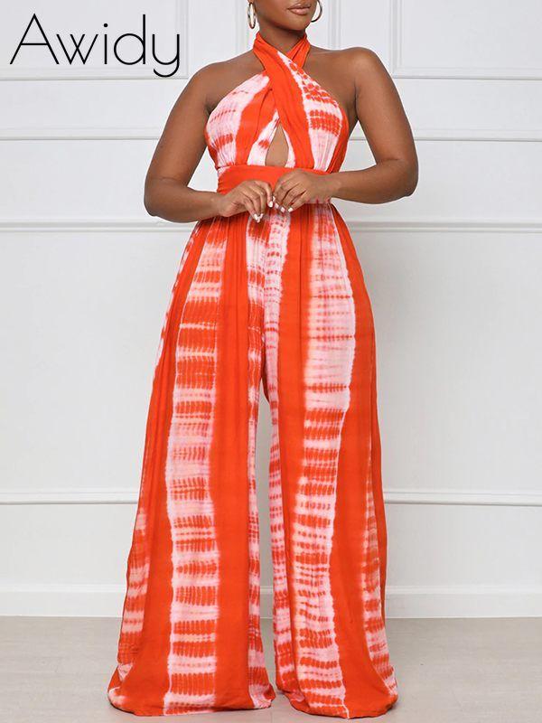 Printed Halter Wide-Leg Jumpsuit Orange L