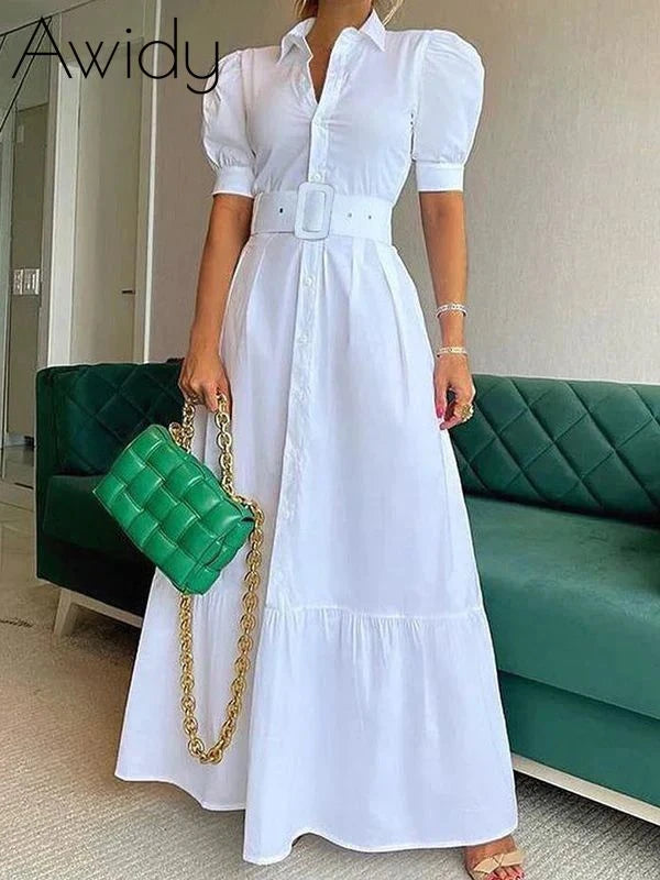 Puff-Sleeve Shirt Dress White