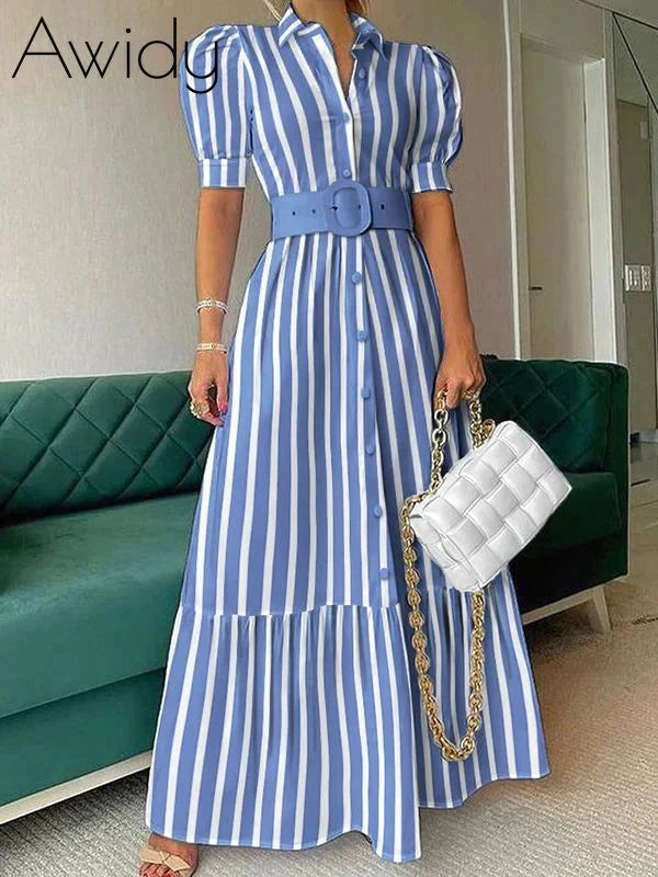 Puff-Sleeve Shirt Dress Blue