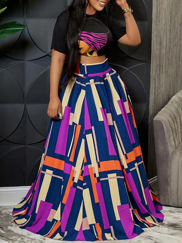 Graphic Crop Top & Colorblock Slit Skirt Set--Clearance