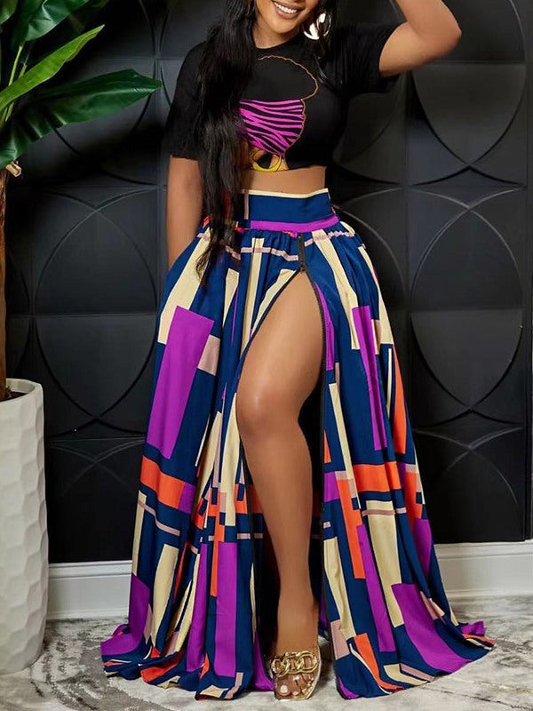 Graphic Crop Top & Colorblock Slit Skirt Set--Clearance