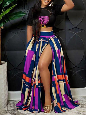 Graphic Crop Top & Colorblock Slit Skirt Set