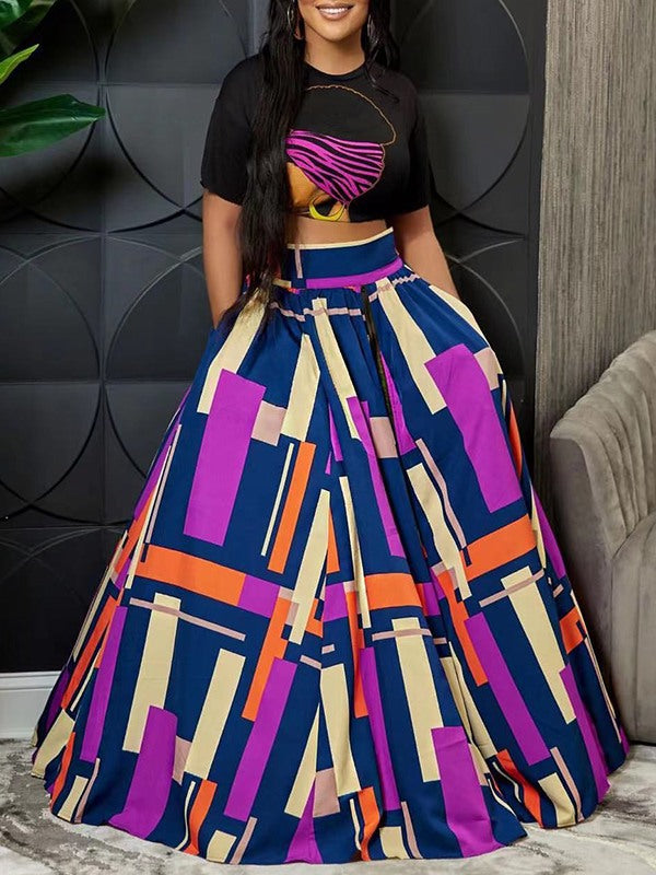 Graphic Crop Top & Colorblock Slit Skirt Set--Clearance