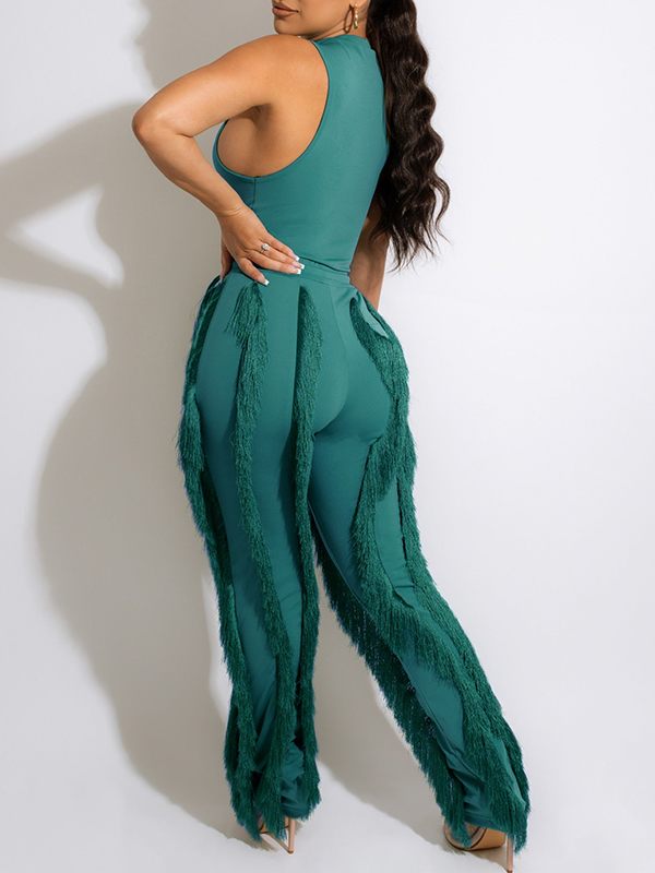 Ensemble débardeur uni et pantalon à franges - Liquidation