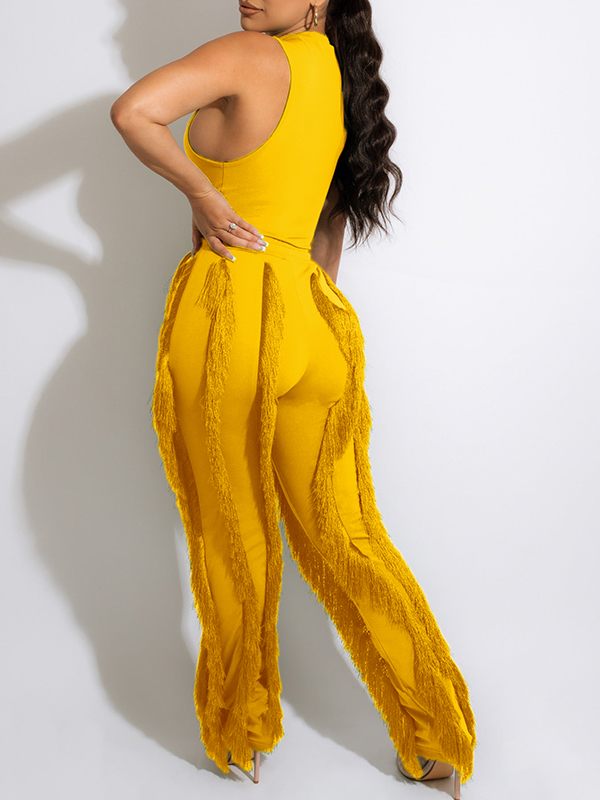 Ensemble débardeur uni et pantalon à franges - Liquidation