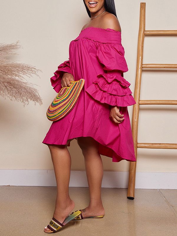 Einfarbiges, schulterfreies Rüschenkleid – Ausverkauf