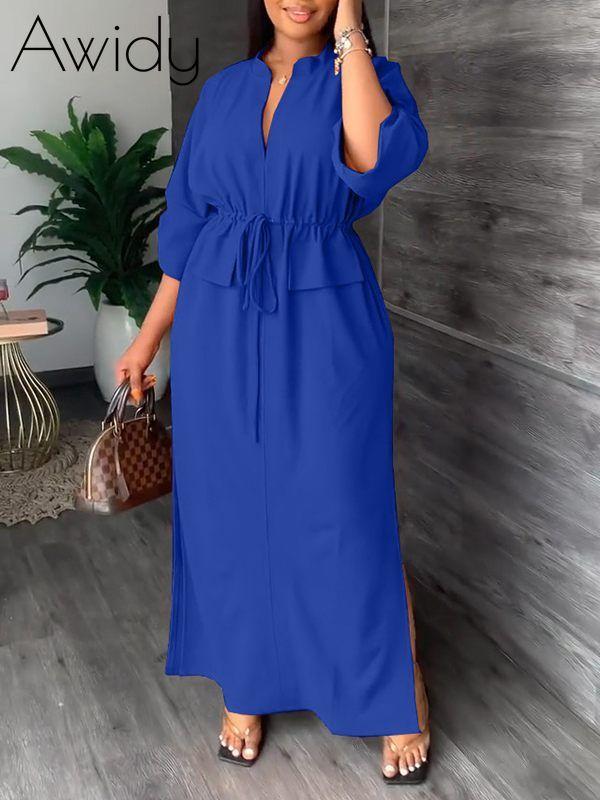 V-Neck Drawstring Slit Dress--Clearance