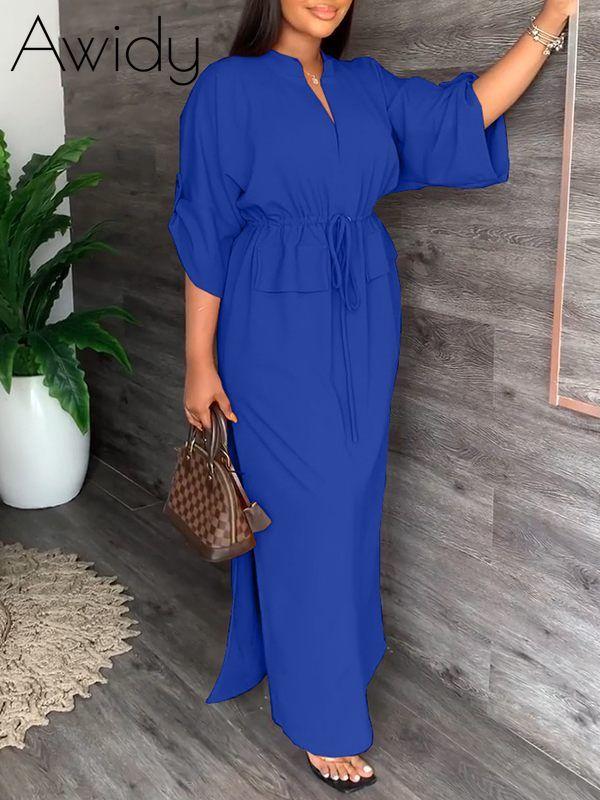 V-Neck Drawstring Slit Dress--Clearance