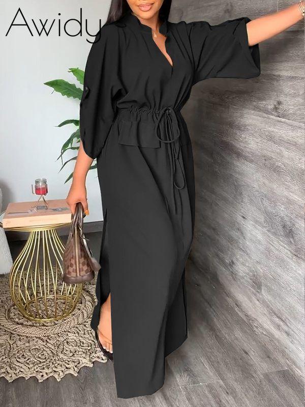 V-Neck Drawstring Slit Dress--Clearance