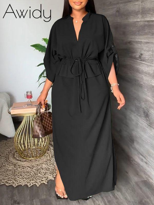 V-Neck Drawstring Slit Dress--Clearance