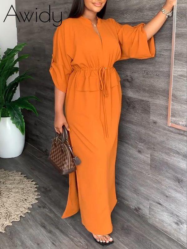 V-Neck Drawstring Slit Dress--Clearance Orange S