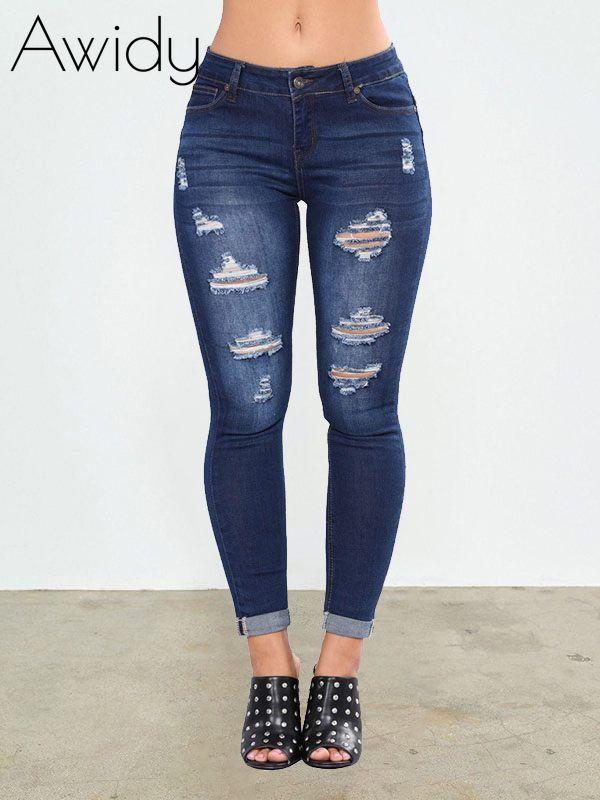 Distressed Skinny Jeans--Clearance Dark Wash Blue S