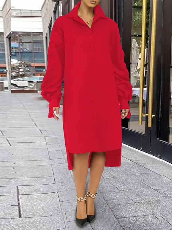 Robe chemise unie à manches froncées