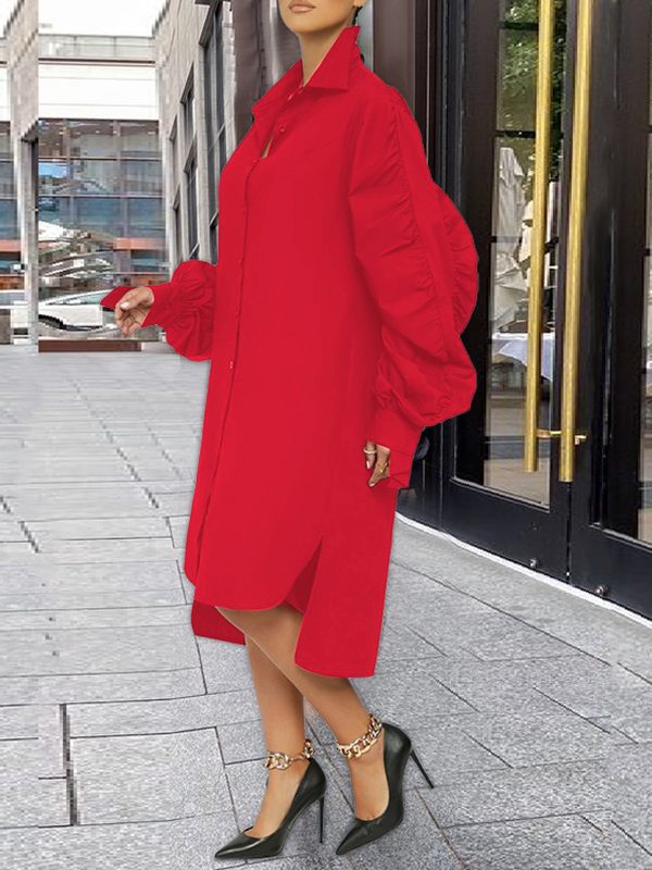 Robe chemise unie à manches froncées