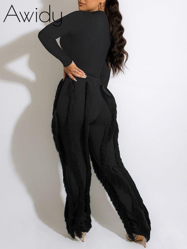 Solid Bodysuit & Fringe Pants Set