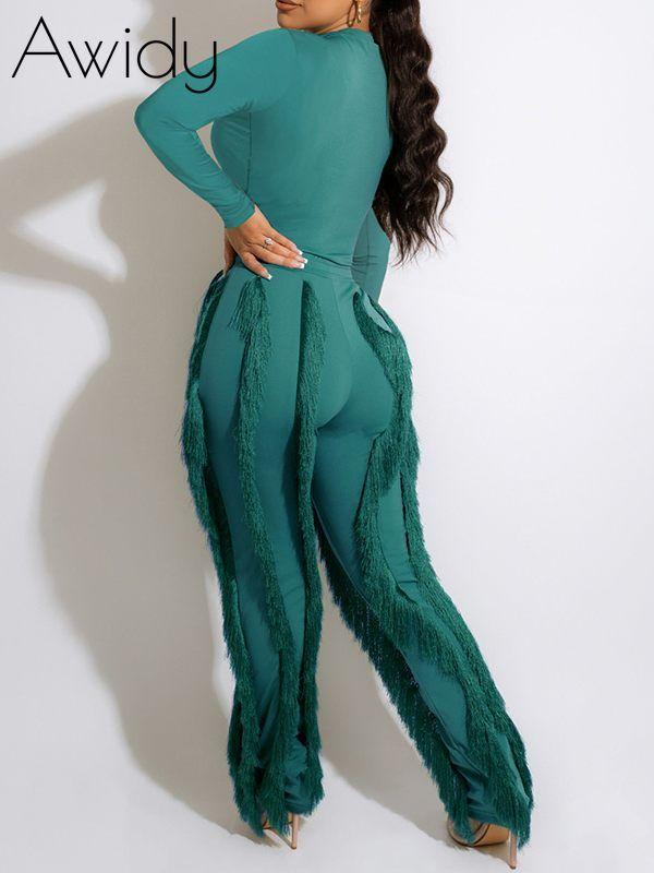 Solid Bodysuit & Fringe Pants Set
