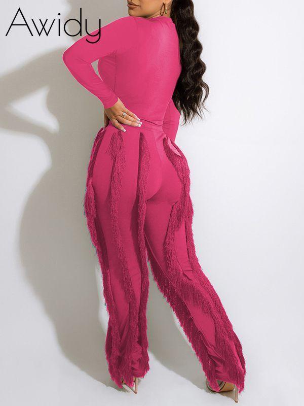 Solid Bodysuit & Fringe Pants Set