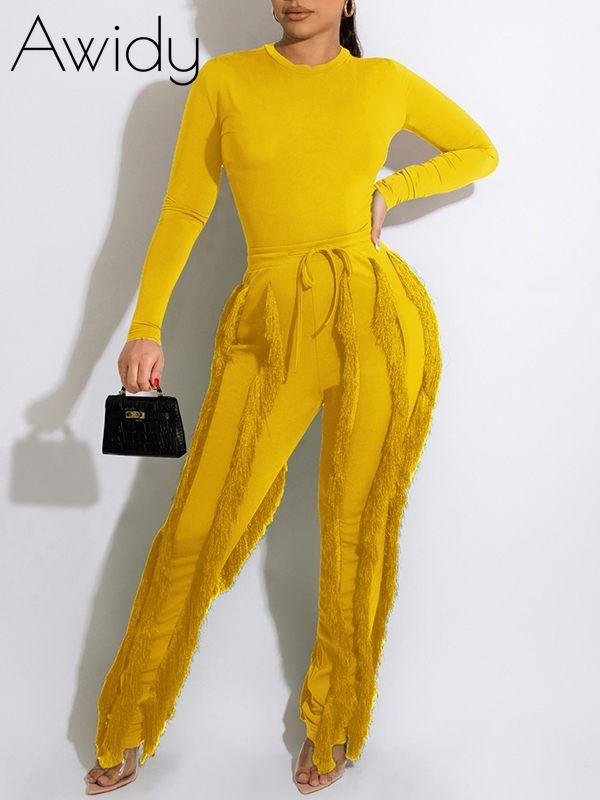 Solid Bodysuit & Fringe Pants Set Yellow
