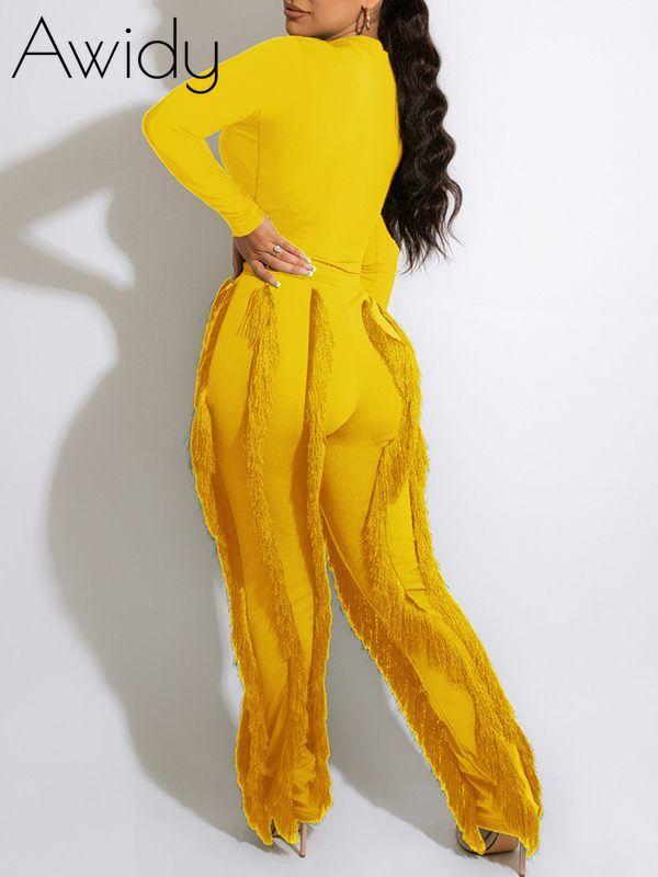 Solid Bodysuit & Fringe Pants Set