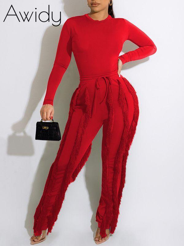 Solid Bodysuit & Fringe Pants Set Red