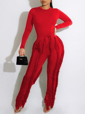 Ensemble body uni et pantalon à franges - Liquidation