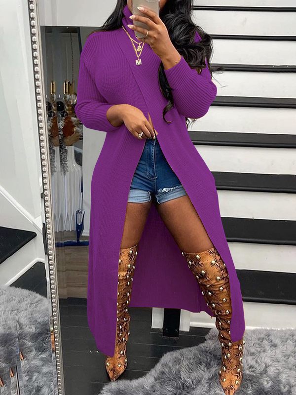 Haut tunique en tricot fendu à col roulé