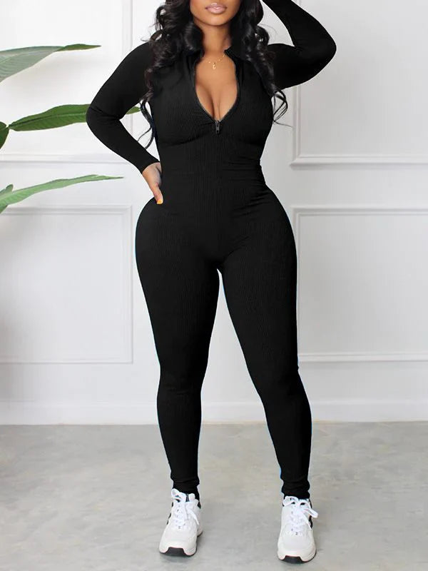 Gerippter Jumpsuit mit Reißverschluss vorne