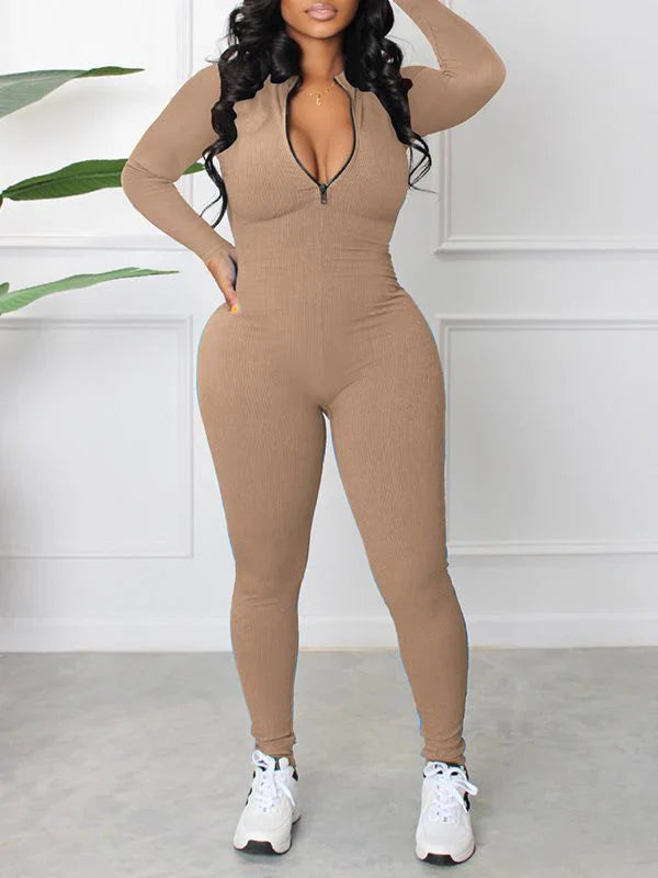 Gerippter Jumpsuit mit Reißverschluss vorne
