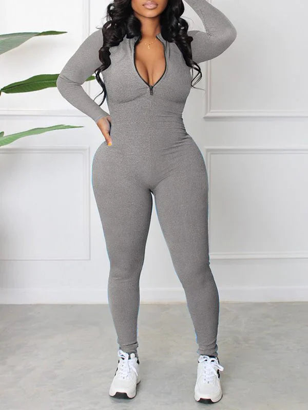 Gerippter Jumpsuit mit Reißverschluss vorne
