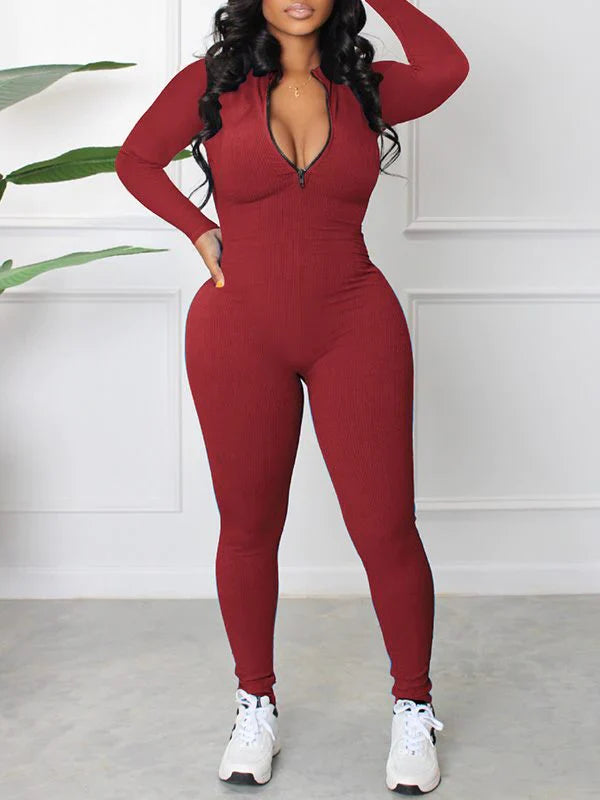 Gerippter Jumpsuit mit Reißverschluss vorne
