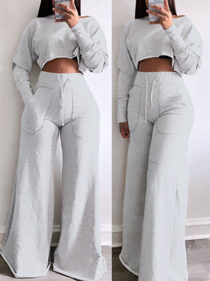 Raw-cut Sweatshirt & Wide-Leg Pants Set--Clearance
