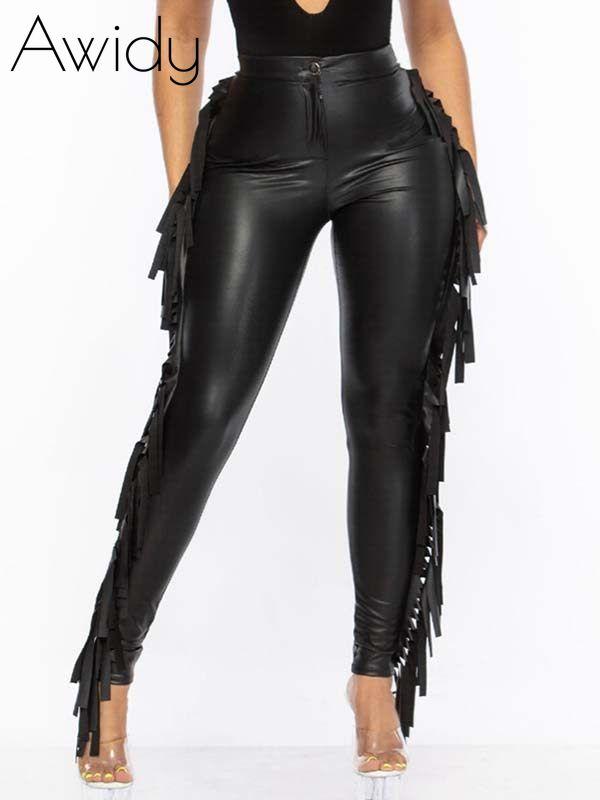 Fringe-Combo Faux-Leather Pants--Clearance Black S