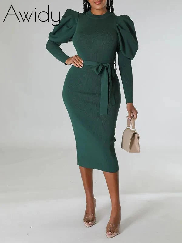 Puff-Sleeve Tied Dress Green