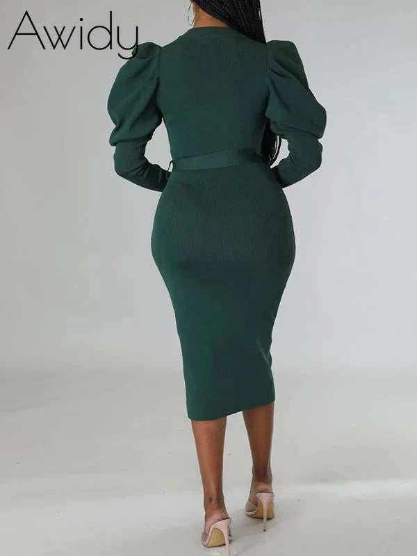 Puff-Sleeve Tied Dress
