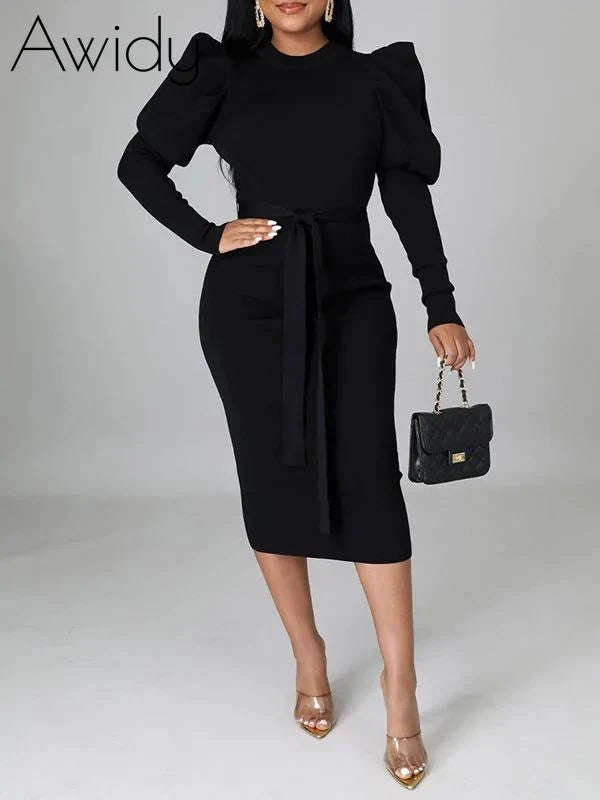 Puff-Sleeve Tied Dress Black