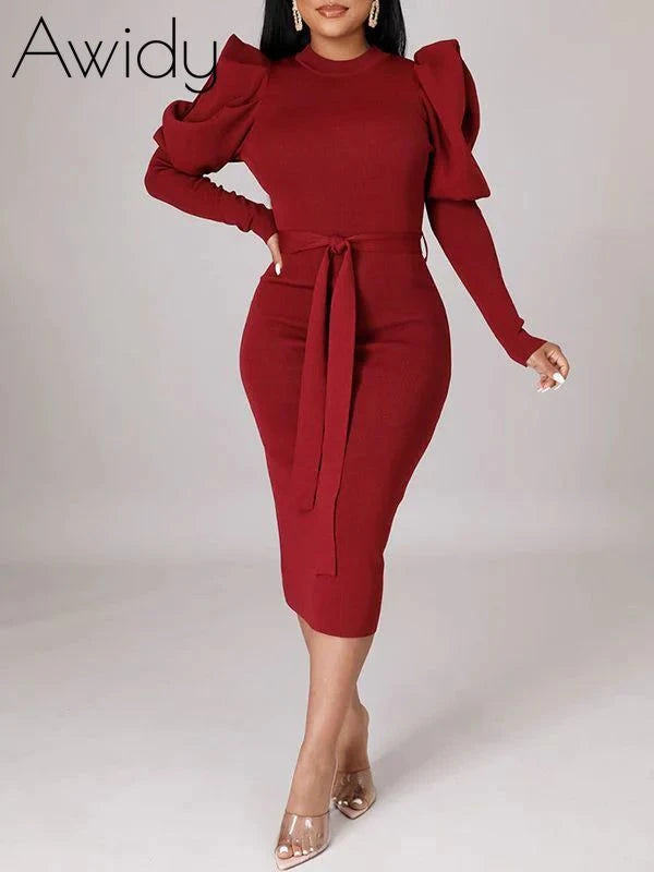 Puff-Sleeve Tied Dress Burgundy