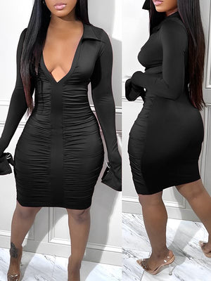 Robe froncée à col en V unie - Liquidation