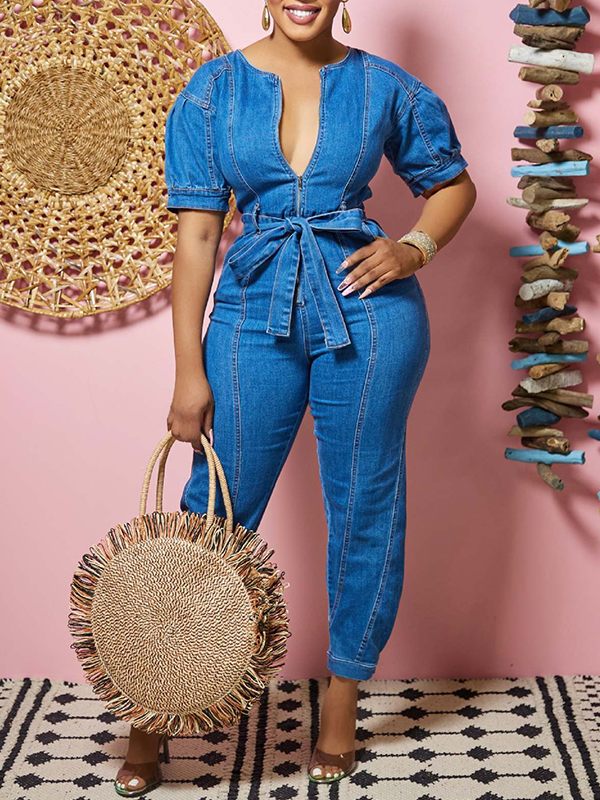 Indiebeautie – Jeans-Jumpsuit mit Reißverschluss vorne und Bindeband