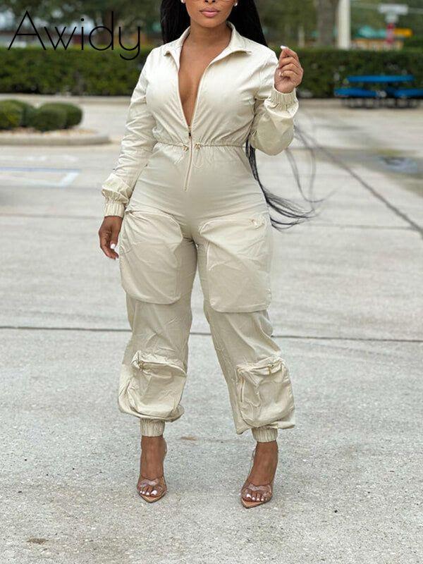 Zip-Front Cargo Jumpsuit Ivory