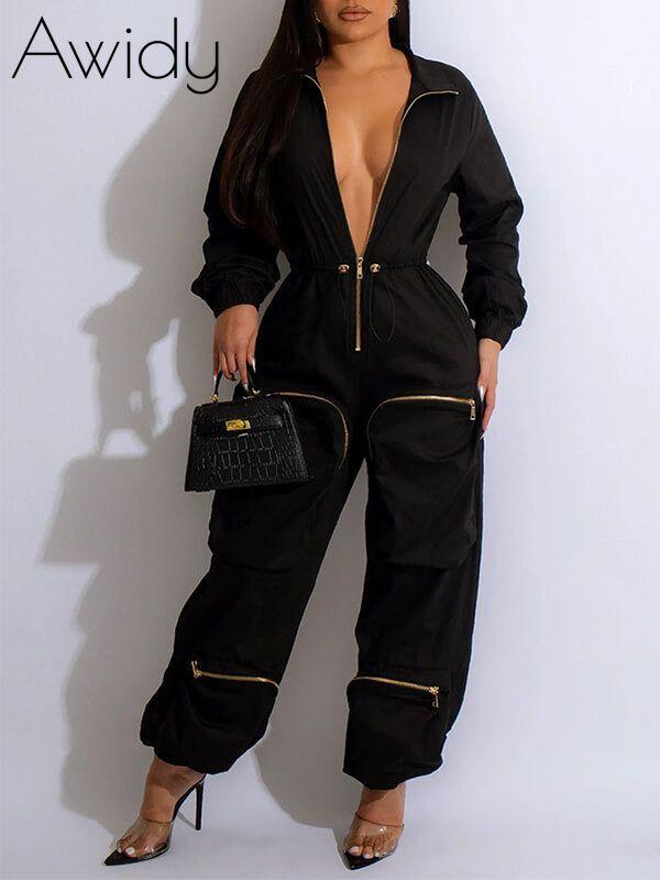 Zip-Front Cargo Jumpsuit Black