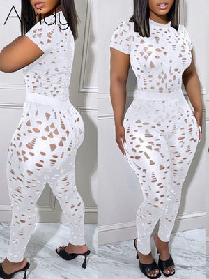 Solid Ripped Top & Pants Set White