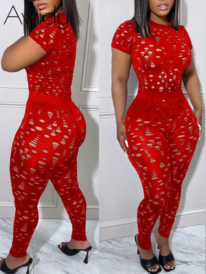 Solid Ripped Top & Pants Set Red